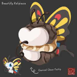arrow_(symbol) artist_logo artist_name beautifly character-themed_food character_name food food_focus food_name gen_3_pokemon grey_background highres logo nintendo no_humans pastry pokemon pokemon_(creature) religieuse simple_background yuki00yo