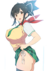 1girl ass asuka_(senran_kagura) black_hair breasts clothes_lift green_skirt hair_ribbon large_breasts looking_at_viewer panties ribbon senran_kagura skirt skirt_lift string_panties yaegashi_nan