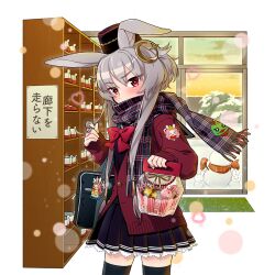 1girl animal_ears bag basket black_skirt bow bowtie coat cony_crescent crescent getabako grey_hair hat holding holding_basket mini_hat orange_eyes plaid_clothes plaid_scarf rabbit_ears red_bow red_bowtie red_coat scarf school school_uniform shoulder_bag skirt snowman uchako uchi_no_hime-sama_ga_ichiban_kawaii