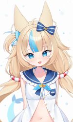 1girl :d absurdres animal_ear_fluff animal_ears arms_behind_back blonde_hair blue_bow blue_eyes blue_hair blue_sailor_collar bow cat_ears demcheg dress fins fish_girl fish_tail frilled_shirt_collar frills front_slit hair_bow highres indie_virtual_youtuber lifebuoy_hair_ornament long_hair looking_at_viewer low_twintails multicolored_hair navel open_mouth sailor_collar sameko_saba shark_girl shark_tail simple_background sleeveless sleeveless_dress smile solo straight-on streaked_hair tail twintails upper_body very_long_hair virtual_youtuber white_background white_dress
