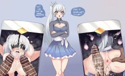 Rule 34 | 1girl, 3boys, after vaginal, aftersex, anus, ass, bar censor, blackmail, blindfold, blue dress, blue eyes, blush, breasts, bukkake, cellphone, cellphone photo, censored, cleavage, condom, crossed arms, cum, cum on body, cum on breasts, cum on upper body, cumdrip, dark penis, dark skin, derivative work, dress, earrings, english text, facial, gangbang, group sex, hair ornament, hetero, high side ponytail, interracial, jewelry, juxtaposition, kneeling, large penis, medium breasts, multiple boys, multiple condoms, nose hook, open mouth, penis, phone, photo comparison, pussy, rough sex, rwby, scar, scar across eye, scar on face, scratches, smartphone, speech bubble, tabletknight, thighs, tiara, top-down bottom-up, trembling, used condom, v-shaped eyebrows, veins, veiny penis, very dark skin, weiss schnee, white hair