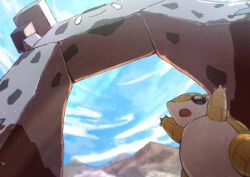 :o black_eyes bright_pupils claws cloud commentary_request day from_below gen_1_pokemon gen_8_pokemon kotobukkii_(yt_lvlv) looking_up nintendo no_humans open_mouth outdoors pokemon pokemon_(creature) sandshrew sky stonjourner white_pupils