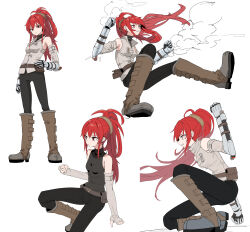1girl absurdres arm_support bare_shoulders black_pants black_shirt boots breasts brown_boots clenched_teeth closed_mouth elbow_gloves fingerless_gloves gloves grey_gloves hair_between_eyes highres knee_boots long_hair mechanical_arms multiple_views on_one_knee original pants piripun ponytail red_eyes red_hair shirt simple_background sleeveless sleeveless_shirt small_breasts smoke solo standing teeth very_long_hair white_background