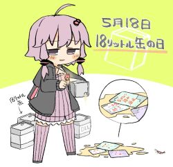 1girl ahoge animal_hood black_hoodie blush_stickers can chibi commentary_request cooking_oil criss-cross_halter dress ebi_gohan furrowed_brow green_background hair_ornament half-closed_eyes halter_dress halterneck highres holding holding_can holding_matchstick hood hood_down hoodie long_sleeves looking_at_viewer oil_can purple_dress purple_eyes purple_hair purple_thighhighs rabbit_hood ribbed_dress short_dress short_hair_with_long_locks shrimp single_flame solo standing thighhighs translation_request two-tone_background vocaloid voiceroid white_background yuzuki_yukari