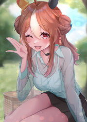 1girl absurdres ahoge alternate_costume animal_ears basket belt belt_collar black_belt black_choker black_skirt blue_shirt brown_hair choker collar commentary copano_rickey_(umamusume) double_bun ear_covers ear_ornament grass hair_between_eyes hair_bun hair_ornament highres horse_ears horse_girl horse_tail multicolored_hair namiki_(namiki071897) one_eye_closed open_mouth picnic_basket pink_eyes see-through_clothes see-through_shirt shirt sidelocks sitting skirt smile solo streaked_hair tail tank_top tassel tassel_hair_ornament umamusume white_hair yokozuwari