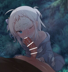 1boy 1girl azuma_shino black_shirt blue_eyes blue_kimono blush clothed_sex cum cum_on_body facial hair_ornament japanese_clothes kimono nail_polish nowareno_(azuma_shino) one_eye_closed outdoors penis pointy_ears shirt short_hair uneven_bangs white_hair