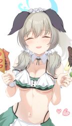 1girl absurdres animal_ears bikini blue_archive blush breasts cleavage closed_eyes commentary dog_ears dog_girl food green_bikini green_hair hello-ghiblisan highres holding holding_food looking_at_viewer low_twintails multicolored_bikini navel open_mouth solo stomach swimsuit teeth twintails umika_(blue_archive) umika_(swimsuit)_(blue_archive) underboob upper_teeth_only white_bikini