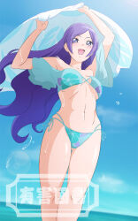 1girl aono_miki aqua_bikini bare_shoulders bikini blush breasts cleavage collarbone day fresh_precure! fuchi_(nightmare) highres long_hair medium_breasts navel ocean open_mouth outdoors precure sarong smile solo sunlight swimsuit water