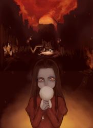 1girl alma_(f.e.a.r.) alma_wade bad_id bad_pixiv_id brown_hair cityscape covering_face covering_own_mouth covering_privates dress f.e.a.r. f.e.a.r._2 female_focus glowing glowing_eyes mizore_milk pale_skin red_dress red_eyes ruins solo toy