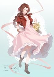 Rule 34 | 1girl, absurdres, aerith gainsborough, basket, blush, boots, bracelet, braid, braided ponytail, brown hair, chinese commentary, choker, commentary request, commission, dress, final fantasy, final fantasy vii, flower, full body, green eyes, hair ribbon, highres, jacket, jewelry, long hair, looking at viewer, parted bangs, pink dress, pink ribbon, red jacket, ribbon, second-party source, skirt hold, smile, solo, standing, standing on one leg, yellow flower, yun (dl2n5c7kbh8ihcx)