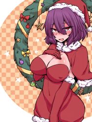1girl alternate_costume blush body_blush bow breast_suppress breasts capelet checkered_background christmas_wreath cleavage cowboy_shot crescent crescent_pin dress elbow_gloves eyes_visible_through_hair fur-trimmed_capelet fur-trimmed_gloves fur-trimmed_headwear fur_trim gingerbread_man gloves hair_between_eyes hat highres kuri_dora large_breasts long_bangs looking_at_viewer nose_blush orange_background ornament pom_pom_(clothes) purple_hair red_bow red_capelet red_dress red_eyes red_gloves red_hat santa_costume santa_hat short_hair solo star_(symbol) star_pin strapless strapless_dress tearing_up touhou wreath yasaka_kanako yellow_bow