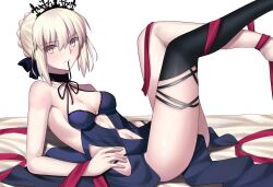 Rule 34 | 1girl, absurdres, artoria pendragon (fate), bare arms, bare shoulders, barefoot, bed sheet, black bow, black ribbon, blonde hair, bow, breasts, collarbone, crown, dark persona, dress, fate/grand order, fate (series), full body, hair between eyes, hair bun, high waisted gown, highres, legs up, longdq3008, looking at viewer, navel, neck ribbon, no shoes, on bed, recumbency, red ribbon, ribbon, saber alter, saber alter (third ascension), short hair, single hair bun, solo, thighs, yellow eyes