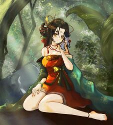 1girl bare_legs bare_shoulders barefoot black_hair breasts brown_eyes cleavage dress facial_mark forehead_mark forest full_body green_sleeves hair_bun hand_up highres holding holding_statuette huadian jiu_niangzi light_rays long_hair nature off_shoulder red_dress reverse:1999 rock short_dress sitting solo statuette sunbeam sunlight tree utagawa_niki yokozuwari