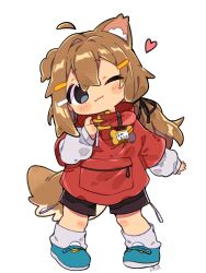 1girl ;3 ahoge animal_ear_fluff animal_ears black_ribbon black_shorts blue_eyes blue_shoes blush_stickers brown_hair closed_mouth commentary_request detached_ahoge dog_ears dog_girl dog_tail full_body hair_ornament hair_ribbon hairclip hand_up heart highres jacket layered_sleeves long_hair long_sleeves looking_at_viewer mamehinata name_tag notamaru_2 one_eye_closed red_jacket ribbon shoes short_over_long_sleeves short_sleeves shorts signature simple_background smile socks solo standing tail vrchat white_background white_socks