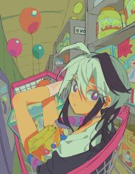 1girl ankle_socks antenna_hair bag balloon black_hair black_nails black_shirt blue_shorts box bright_pupils cereal_box closed_mouth colored_tips commentary double-parted_bangs edge_0605 flower_(vocaloid) full_body grocery_store hair_between_eyes hatsune_miku highres in_shopping_cart indoors kagamine_len kagamine_rin knees_up looking_at_viewer looking_back multicolored_hair nail_polish pink_arm_warmers pink_eyes purple_arm_warmers shelf shirt shopping_cart shorts socks solo streaked_hair striped_arm_warmers symbol-only_commentary two-tone_hair vocaloid white_hair white_pupils white_socks