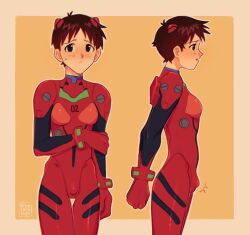 1boy bodysuit bracer brown_hair bulge cosplay crossdressing embarrassed highres ikari_shinji interface_headset_(evangelion) mecha_pilot_suit neon_genesis_evangelion official_alternate_costume plugsuit_(evangelion) shota solo souryuu_asuka_langley souryuu_asuka_langley_(cosplay) tiramisoups trap
