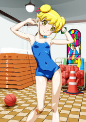 1girl ball bandaid bandaid_on_knee bandaid_on_leg basketball_(object) blonde_hair blue_one-piece_swimsuit blush_stickers bracelet breasts carinae ceiling ceiling_light checkered_floor closed_mouth commentary_request competition_school_swimsuit covered_erect_nipples covered_navel double_bun feet_out_of_frame hair_bun hair_ribbon hands_up head_tilt highres indoors jewelry loli monogatari_(series) one-piece_swimsuit oshino_shinobu pink_ribbon ribbon school_swimsuit short_hair smile solo stained_glass standing swimsuit traffic_cone vaulting_horse yellow_eyes