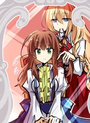 25ocoveryui 2girls absurdres adjusting_another&#039;s_hair ahoge alternate_costume alternate_hairstyle arianrhod_(eiyuu_densetsu) ascot blonde_hair blue_eyes braid breasts brown_hair dress duvalie eiyuu_densetsu frilled_shirt frills green_eyes hairdressing highres juliet_sleeves long_hair long_sleeves medium_breasts mirror multiple_girls puffy_sleeves red_ascot red_dress reflection reflection_focus sen_no_kiseki sen_no_kiseki_(series) sen_no_kiseki_iv shirt very_long_hair white_shirt