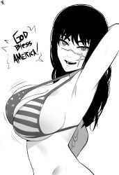 Rule 34 | 1girl, absurdres, alternate breast size, american flag, american flag bikini, american flag print, arm up, armpits, bikini, breasts, chainsaw man, commentary, english commentary, english text, facial scar, flag print, flag print bikini, greyscale, highres, large breasts, long hair, lorddantesito, monochrome, open mouth, print bikini, ringed eyes, scar, scar on cheek, scar on face, scar on nose, solo, swimsuit, teeth, yoru (chainsaw man)