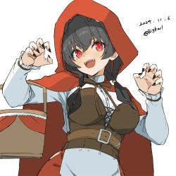 1girl absurdres animal_costume animal_ears basket bigkwl black_hair black_nails breasts cape cloak elbow_carry hair_between_eyes halloween_costume highres holding holding_basket hood hooded_cloak jingei_(halloween)_(kancolle) jingei_(kancolle) kantai_collection large_breasts little_red_riding_hood_(fairy_tale) long_hair long_sleeves official_alternate_costume open_mouth picnic_basket red_cape red_cloak red_eyes red_hood wolf_costume wolf_ears