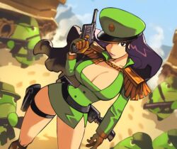 1girl aiguillette belt black_hair blue_sky blurry breasts cleavage commentary depth_of_field dust_cloud english_commentary epaulettes footprints fringe_trim frog gloves gun handgun hat hat_over_one_eye highres holding holding_gun holding_weapon jacket large_breasts long_hair looking_at_viewer military military_hat military_jacket military_uniform military_vehicle miniskirt motor_vehicle optionaltypo original outdoors pouch rifle sand sheath sheathed skirt sky susu_jpg swimsuitsuccubus tank thigh_strap weapon