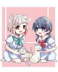 Rule 34 | 2girls, :3, :d, animal ears, aqua neckerchief, black choker, blue dress, blue eyes, blue hair, blue ribbon, bob cut, border, breast pocket, cat, cat ears, choker, closed eyes, collarbone, colored inner hair, commentary request, dollchestra, dress, full body, grey hair, hair ornament, hair ribbon, hasu no sora school uniform, highres, inverted bob, kanduki kamibukuro, kemonomimi mode, link! like! love live!, long hair, looking at another, love live!, mole, mole on neck, multicolored hair, multiple girls, murano sayaka, neckerchief, open mouth, outline, outside border, pink background, pocket, puffy short sleeves, puffy sleeves, red hair, red neckerchief, ribbon, sailor collar, sailor dress, school uniform, short hair, short sleeves, simple background, smile, star (symbol), star hair ornament, summer uniform, virtual youtuber, white border, white cat, white outline, white sailor collar, yugiri tsuzuri, | |