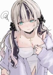 1girl bare_shoulders belt_collar black_nails blonde_hair bow breasts cleavage collar cowboy_shot cross cross_necklace earrings green_eyes grey_jacket hair_bow hair_intakes highres jacket jewelry kurumi_noah kurumi_noah_(7th_costume) large_breasts leaning low_twintails multicolored_hair necklace off_shoulder raised_eyebrow sideways_glance simple_background sketch solo strapless streaked_hair sweat tube_top twintails two-tone_hair virtual_youtuber vspo! white_background white_tube_top y4uyo