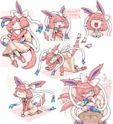 1boy 1girl :3 animal_ears blue_eyes blush bow cookie_(touhou) dress fellatio full_body gen_6_pokemon hairjob hetero long_sleeves looking_at_viewer man_(man-room) nintendo nose_blush nyon_(cookie) open_mouth oral penis pink_hair pink_shirt pokemon shirt short_hair smile solo_focus sylveon translation_request v-shaped_eyebrows white_background white_bow white_dress