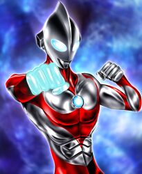 1boy abs alien blue_background blue_eyes clenched_hands collarbone color_timer colored_skin commentary compound_eyes dorsal_fin energy energy_fist glowing glowing_eyes glowing_fist glowing_hand hand_up hanejidyna86 highres incoming_attack incoming_punch looking_down male_focus multicolored_skin muscular muscular_male ocean outstretched_arm pectorals punching red_skin silver_skin solo standing tokusatsu twitter_username two-tone_skin ultra_series ultraman:_rising ultraman_(ultraman:_rising) upper_body