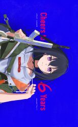 1girl absurdres black_choker black_hair blue_background choker congratulations drawstring drawstring_pull green_jacket gun hair_between_eyes highres holding holding_gun holding_weapon hood hoodie ichinose_uruha ichinose_uruha_(2nd_costume) jacket long_hair looking_at_viewer lupinus_virtual_games mmsnc1999 purple_eyes quilted_jacket sideways solo upper_body virtual_youtuber vspo! weapon white_hoodie