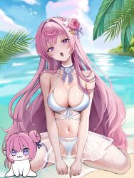 1girl beach bikini blue_sky breasts cleavage cloud cloudy_sky collarbone doro_(nikke) dorothy_(nikke) dorothy_(serendipity)_(nikke) flower full_body goddess_of_victory:_nikke hair_bun hair_flower hair_ornament highres large_breasts long_hair looking_at_viewer navel noneu03 ocean open_mouth palm_tree pink_hair purple_eyes single_side_bun sitting sky stomach swimsuit thigh_strap tree very_long_hair wariza water wet white_bikini