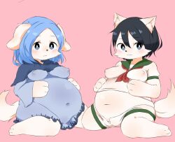 2girls :3 animal_ears barefoot belly black_hair blue_dress blue_eyes blue_hair blush breasts cat_ears cat_girl cat_tail chanpuru_(nicoseiga_67544477) closed_mouth commentary_request cookie_(touhou) covered_erect_nipples dog_ears dog_girl dog_tail dress fat flour_(cookie) full_body furrification furry furry_female kumoi_ichirin looking_at_viewer medium_breasts milk_(cookie) multiple_girls murasa_minamitsu navel neckerchief pink_background red_neckerchief shirt short_hair shorts simple_background tail touhou white_shirt white_shorts