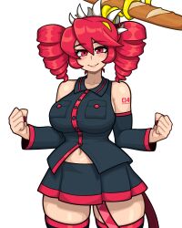 1girl absurdres baguette bare_shoulders blush bread breasts cosplay cowboy_shot detached_sleeves drill_hair eating facing_viewer filia_(skullgirls) fist_pump food highres kasane_teto kasane_teto_(cosplay) large_breasts muds muds_(tentacles_r_us) nail_polish navel pleated_skirt red_eyes red_hair red_nails samson_(skullgirls) skirt skullgirls smile solo thick_thighs thighhighs thighs tongue tongue_out twin_drills vocaloid white_background wide_hips