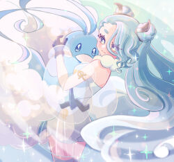 1girl 1other altaria aqua_hair bird black_gloves blue_bird blue_eyes blush closed_mouth crossover double_bun flying_miku_(project_voltage) fuka_(f_uka_1021) gen_3_pokemon gloves hair_between_eyes hair_bun hair_ornament hatsune_miku hug long_hair looking_at_viewer nintendo official_alternate_costume official_alternate_hairstyle pokemon pokemon_(creature) project_voltage see-through_clothes see-through_skirt see-through_sleeves shirt short_shorts shorts skirt smile twintails very_long_hair vocaloid white_shirt white_shorts