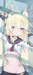 1girl absurdres animal_ear_fluff animal_ears bandaid_on_stomach blonde_hair blue_archive blue_sailor_collar blue_skirt blush closed_mouth clothes_lift fox_ears fox_girl green_eyes green_halo halo highres inaba_reito kurumi_(blue_archive) looking_at_viewer lying navel on_back sailor_collar shirt shirt_lift skirt solo white_shirt