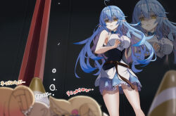 ahoge belt black_corset blue_bow blue_bowtie blue_hair blue_skirt bow bowtie breasts brown_belt center_frills chibi colored_tips commentary_request corset disgust double-parted_bangs frilled_shirt frilled_skirt frills hair_between_eyes half_up_braid heart heart_ahoge highres hololive large_breasts leather_belt long_hair looking_down miniskirt momosuzu_nene multicolored_hair nepolabo no_coat no_headwear no_legwear omaru_polka partially_shaded_face pleated_skirt pointy_ears shirt shishiro_botan skirt sleeveless sleeveless_shirt snowflake_print solo_focus streaked_hair takotobuta translation_request underbust very_long_hair virtual_youtuber white_shirt yellow_eyes yukihana_lamy yukihana_lamy_(1st_costume)