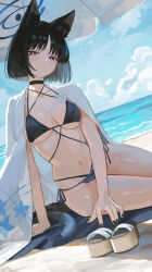 1girl absurdres animal_ears bakeneko beach bikini black_nails black_tail blue_archive blue_bikini blue_halo blue_tail cape cat_ears cat_girl cat_tail closed_mouth commentary_request criss-cross_halter criss-cross_straps fingernails gradient_tail halo halterneck highres kikyou_(blue_archive) kikyou_(swimsuit)_(blue_archive) layered_bikini looking_at_viewer maria_(maria_rose) multiple_tails nail_polish navel ocean official_alternate_costume sandals short_hair side-tie_bikini_bottom sitting solo swimsuit tail two_tails unworn_sandals white_cape