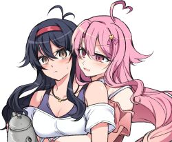 Rule 34 | 2girls, ahoge, antenna hair, black hair, blush, commission, commissioner upload, curtained hair, embarrassed, highres, holding, holding teapot, hug, hug from behind, jewelry, lilim (sakura cupid), mitsuki (sakura cupid), multiple girls, necklace, non-web source, off shoulder, opi, pink eyes, pink hair, sakura cupid, sweatdrop, teapot, yellow eyes, yuri