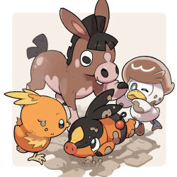 b2b_beetoboo brown_fur gen_3_pokemon gen_5_pokemon gen_7_pokemon mud mudbray nintendo no_humans orange_fur pokemon pokemon_(creature) quaxly tepig torchic two-tone_fur
