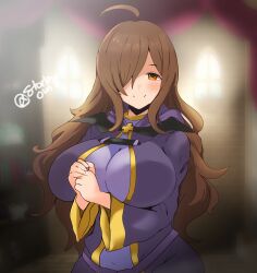 Rule 34 | 1girl, absurdres, ahoge, alternate breast size, blush, breasts, brown eyes, brown hair, closed mouth, commentary, english commentary, gold trim, hair over one eye, highres, kono subarashii sekai ni shukufuku wo!, large breasts, looking at viewer, one eye covered, own hands together, purple robe, robe, smile, solo, stormowl0, twitter username, wide sleeves, wiz (konosuba)