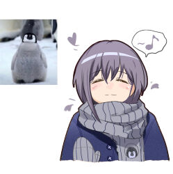 1girl bang_dream! bang_dream!_it&#039;s_mygo!!!!! bird blue_jacket blush reference_sheet chinese_commentary closed_eyes closed_mouth commentary_request grey_hair grey_scarf hair_between_eyes heart jacket kmkk musical_note penguin scarf short_hair simple_background solo spoken_musical_note takamatsu_tomori upper_body white_background winter_clothes