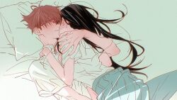 1boy 1girl artist_request black_hair glasses hetero hug lying lying_on_person original pillow red_hair school_uniform shirt short_sleeves skirt