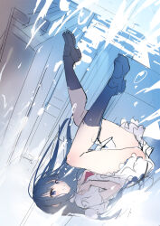 1girl :d black_hair black_shoes black_socks blue_eyes blush capelet commentary_request crying crying_with_eyes_open dutch_angle falling floating_hair foreshortening full_body hair_between_eyes hands_on_own_chest hands_up highres kneehighs legs loafers long_hair looking_at_viewer miniskirt motoyon official_art open_mouth school_uniform shoes simple_background sketch skirt smile socks solo subarashiki_hibi takashima_zakuro tears thighs upside-down white_capelet