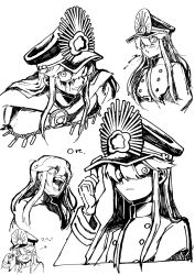 1girl ;p belt belt_buckle blood blood_on_face blush buckle cape closed_mouth constricted_pupils crazy_eyes crazy_grin multiple_expressions fate/grand_order fate_(series) gloves goma1021 greyscale hair_between_eyes hand_up hat heart high_collar highres jacket koha-ace long_hair long_sleeves looking_at_viewer monochrome multiple_views oda_nobunaga_(fate) oda_nobunaga_(koha-ace) one_eye_closed open_mouth peaked_cap sidelocks simple_background smile spitting spitting_blood tehepero tongue tongue_out upper_body wide-eyed
