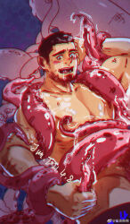 Rule 34 | 1boy, absurdres, bara, beard stubble, blush, completely nude, facial hair, highres, ke bu ke yi se se, large pectorals, looking at viewer, male focus, male pubic hair, mature male, muscular, muscular male, nipples, nude, original, out-of-frame censoring, pectorals, pubic hair, slime (substance), solo, sparse arm hair, stubble, tentaclejob, tentacles, tentacles on male, thick eyebrows, torogao, tsurime