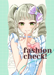 1girl :3 absurdres aikatsu! aikatsu!_(series) arm_at_side bare_arms blonde_hair blush bow character_name choker dot_nose drill_hair english_text facing_viewer finger_to_mouth green_eyes grid_background hair_bow hand_up highres jiu pink_bow pinky_out purple_bow razor shirt shirt_bow sleeveless sleeveless_shirt solo straight_razor todo_yurika twin_drills white_choker white_shirt