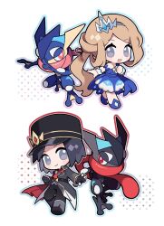 Rule 34 | 1boy, 1girl, alternate color, black gloves, black hair, black hat, black skin, blue dress, blue skin, brown hair, calem (champion) (pokemon), calem (pokemon), chibi, choco-reto (xusagix), clenched hand, colored skin, dress, fingerless gloves, gen 6 pokemon, gloves, greninja, hat, highres, nintendo, official alternate costume, pokemon, pokemon masters ex, serena (champion) (pokemon), serena (pokemon), shiny pokemon, single-shoulder dress