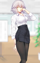 Rule 34 | 1girl, alternate costume, black leggings, black skirt, bracelet, breasts, collarbone, collared shirt, fate/grand order, fate (series), high-waist skirt, highres, iro (sekaixiro), jeanne d&#039;arc alter (fate), jewelry, leggings, looking at viewer, medium breasts, office, office lady, pencil skirt, shirt, shirt tucked in, short hair, skirt, white hair, white shirt, yellow eyes