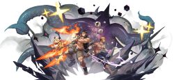 Rule 34 | 2boys, abs, absurdres, alca (wakatanka4), animal, animal ears, bandaged arm, bandages, bara, battle, beard, black hair, blonde hair, bulge, chest hair, commission, creature, dark-skinned male, dark skin, dog tags, facial hair, fighting stance, fire, full body, grey shorts, grin, gyee, highres, holding, holding sword, holding weapon, jewelry, lightning, lion boy, lion ears, lion tail, long sideburns, male focus, mature male, multiple boys, muscular, muscular male, navel, navel hair, necklace, nipples, octopus, original, oversized animal, pectorals, pyrokinesis, red eyes, romg, sandals, selkiro, short hair, shorts, sideburns, sleeveless, sleeveless jacket, smile, socks, stomach, sword, tail, thick eyebrows, thighs, topless male, weapon