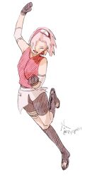 1girl bike_shorts black_gloves closed_eyes elbow_pads full_body gloves haruno_sakura headband konohagakure_symbol naruto_(series) naruto_shippuuden ninja open_mouth pink_hair red_shirt sandals shirt short_hair simple_background sleeveless sleeveless_shirt smile solo v-shaped_eyebrows white_background zifletts